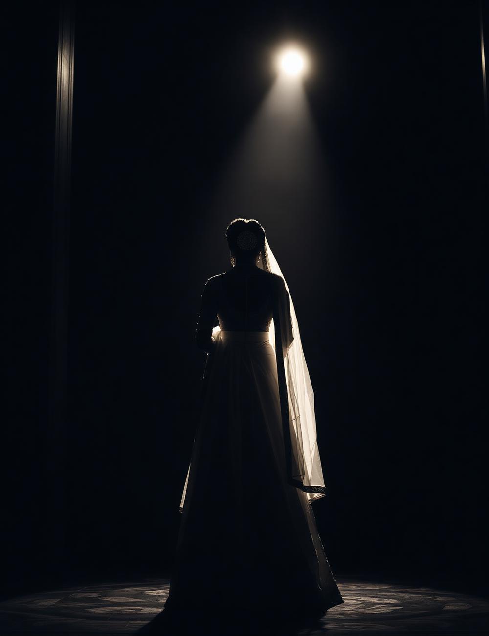 Bride in ivory lehenga in a dark hall